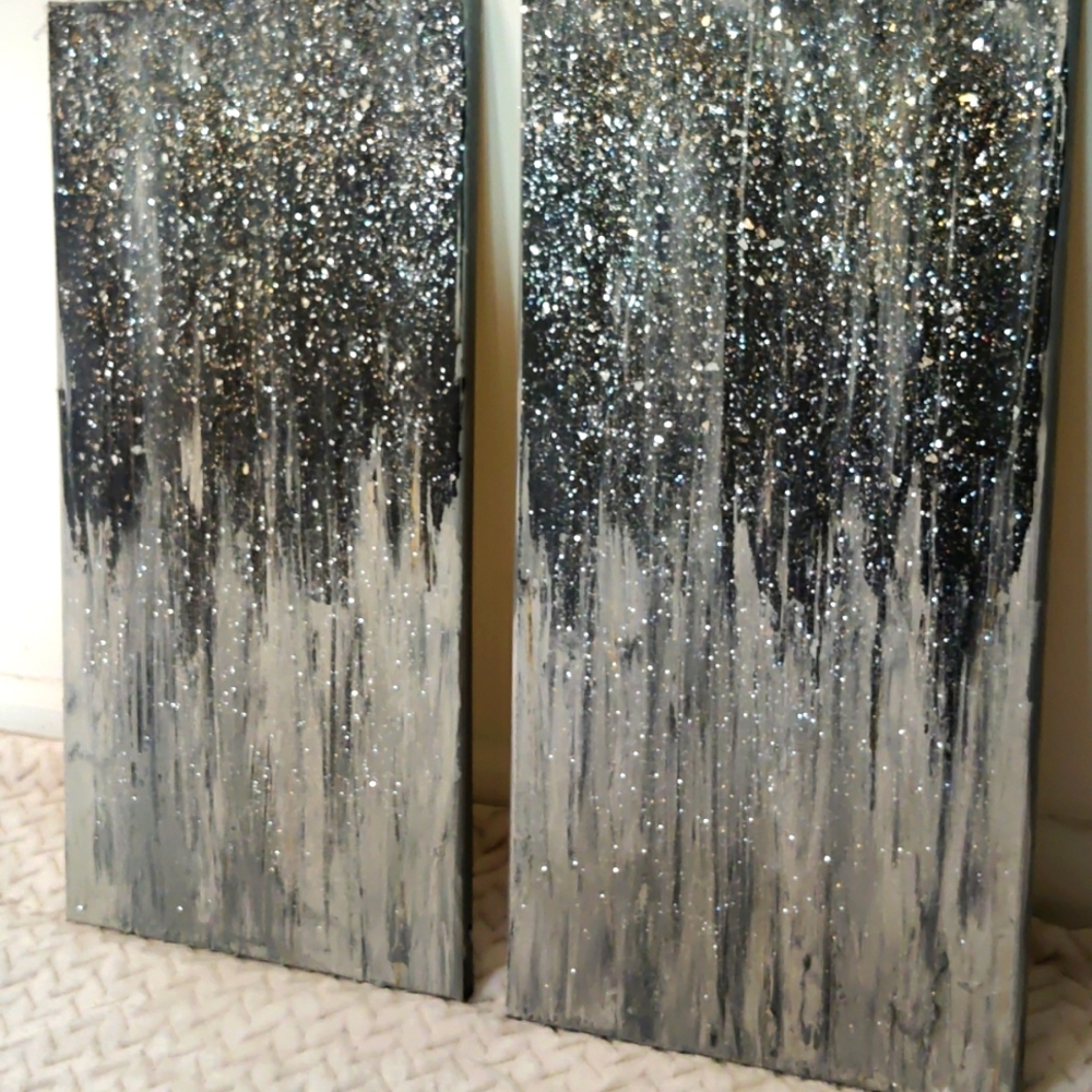 ((SOLD)) Original Glitter Crystals Black and Gray Abstract Acrylic Paintings - Picture 4 of 4